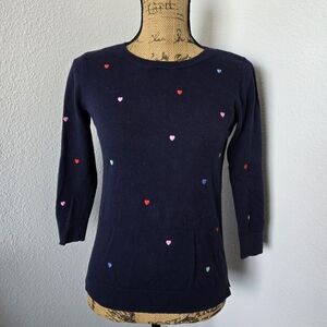 LOFT Navy Sweater with Colorful Heart Accents